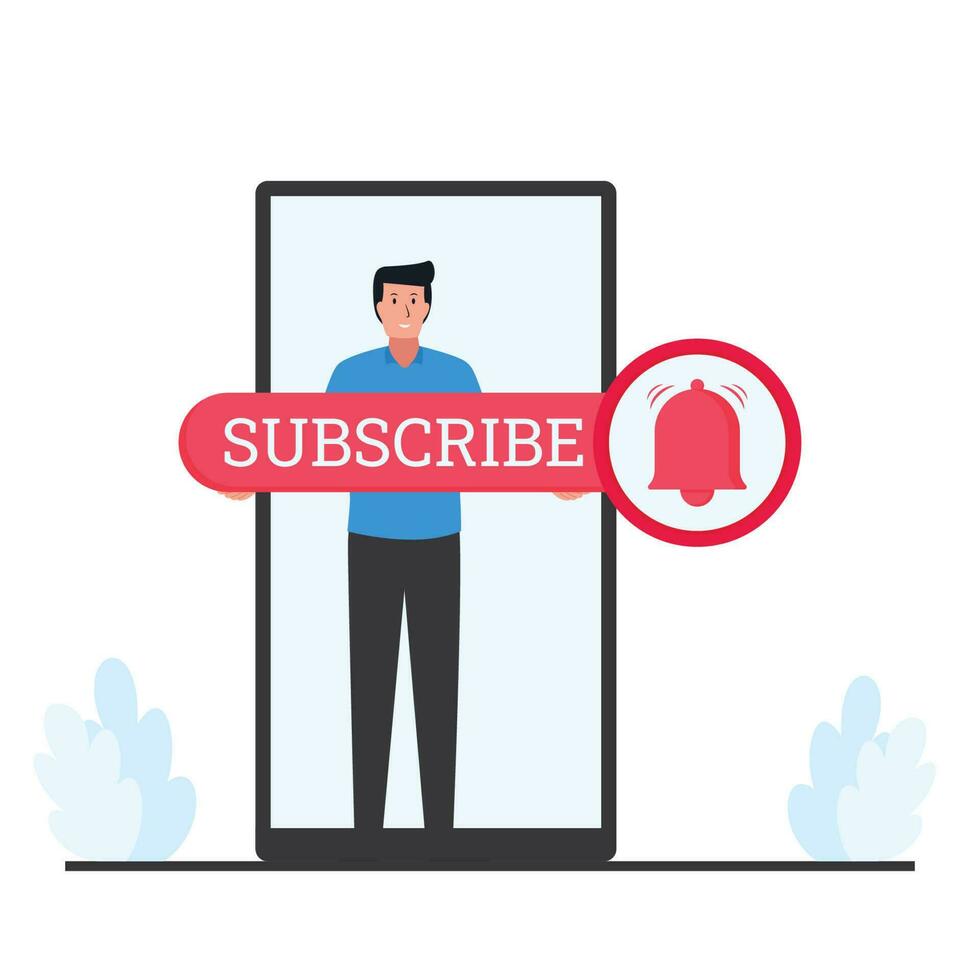 Man standing inside phone with subscribe word metaphor of subscribe channel. vector