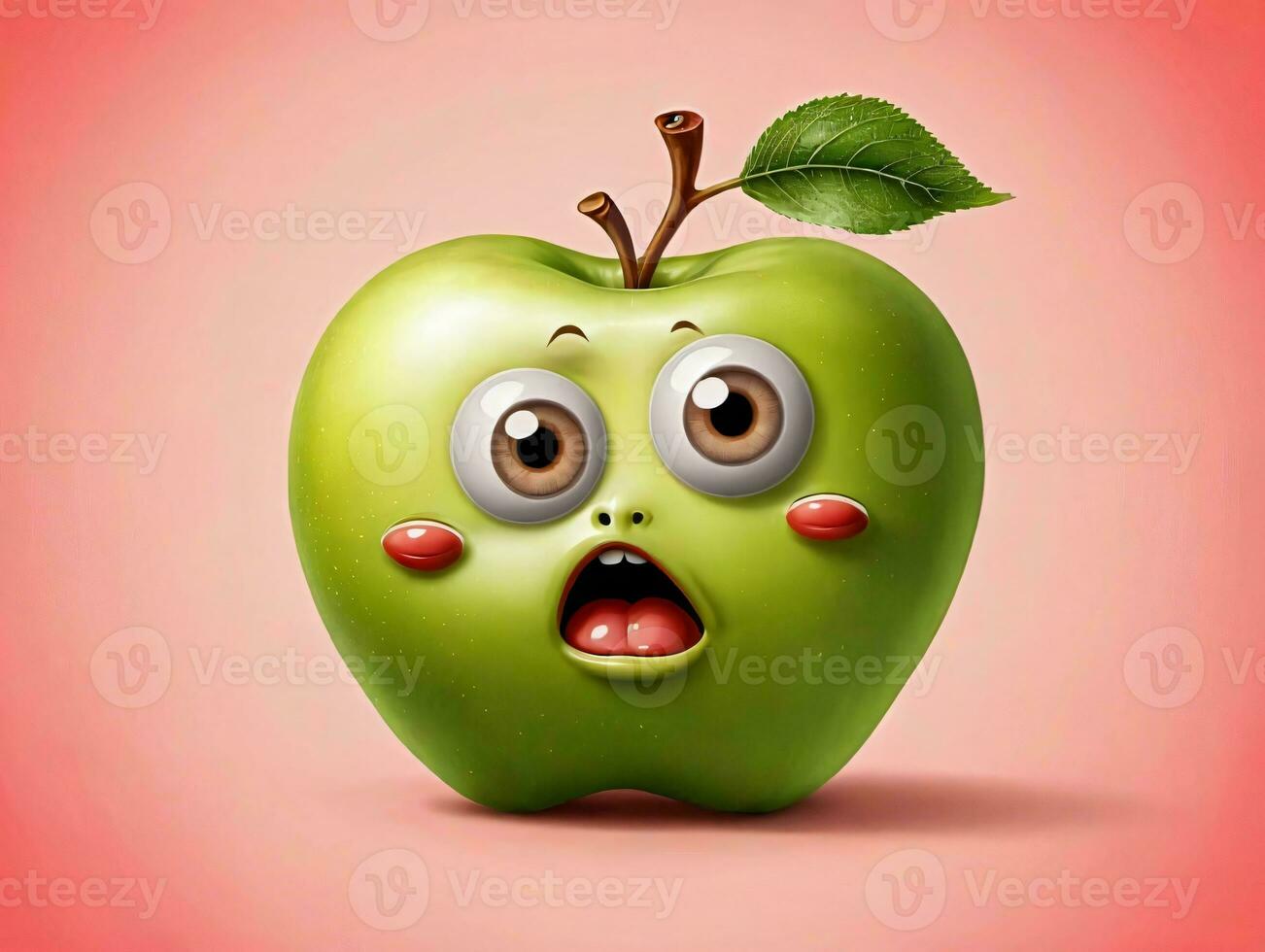 un verde manzana con un sorprendido Mira en sus rostro. ai generado foto