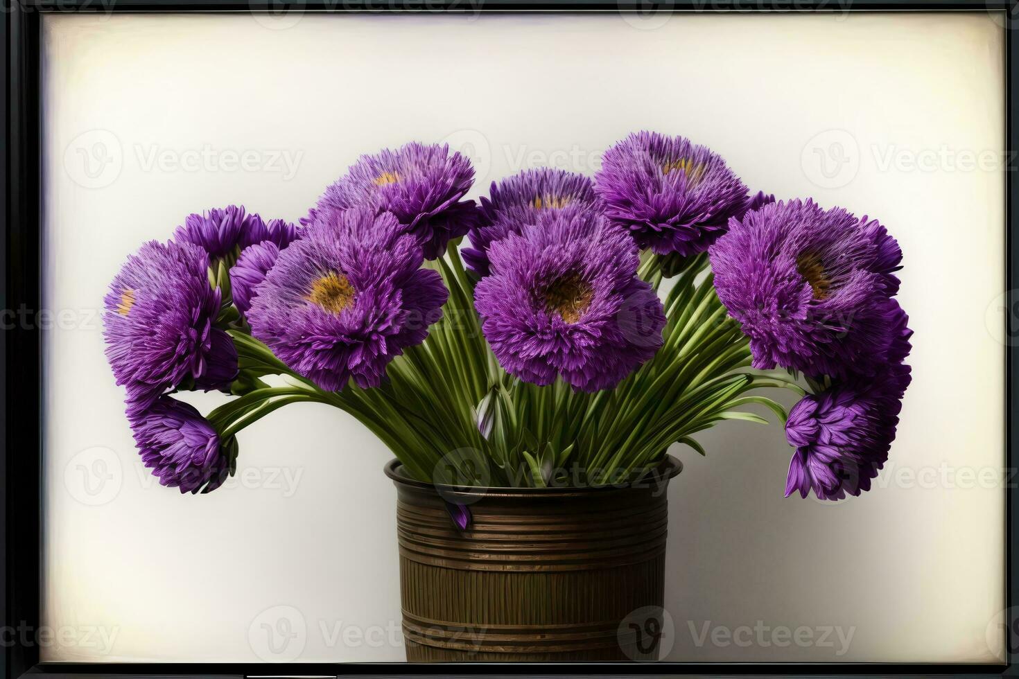 un florero lleno con púrpura flores en parte superior de un mesa. ai generado foto