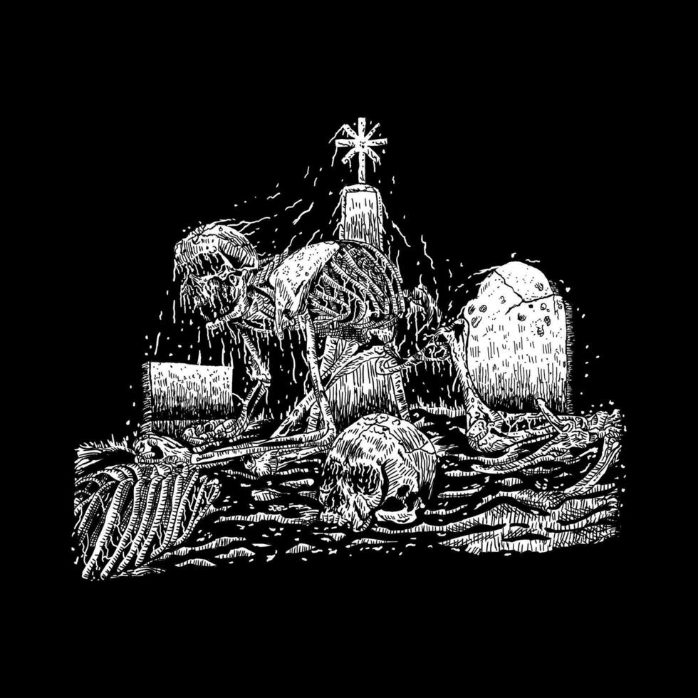 skull skeleton death metal illustration. with a tombstone and some bones vector