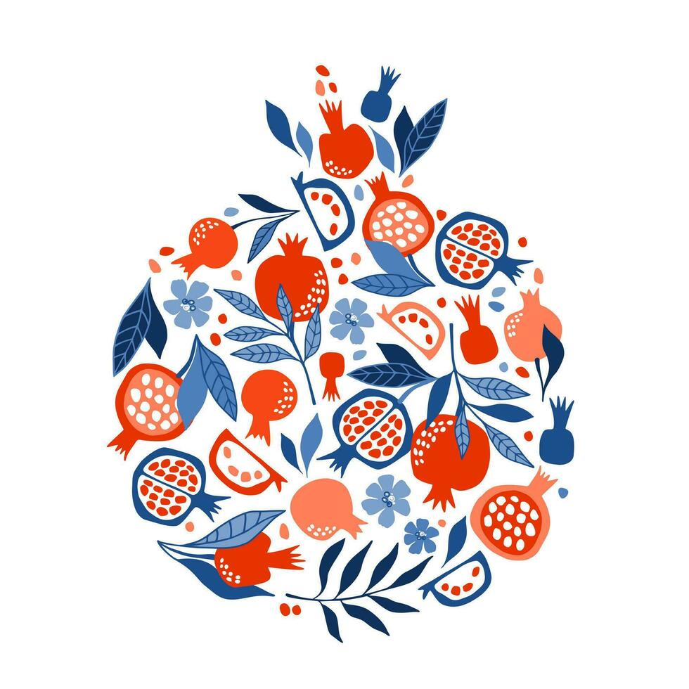 Card with a composition in the form of a pomegranate. Digital vector illustration with pomegranates.