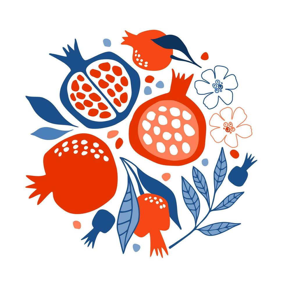 Card with a composition of pomegranates. Digital vector illustration.