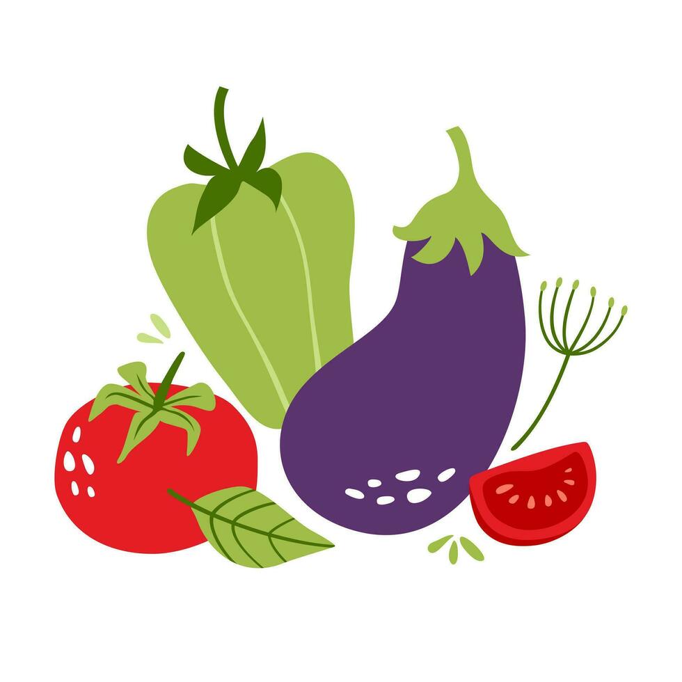 Set of seasonal vegetables. Tomato, pepper, eggplant, basil, dill on a white background. Bright vector illustration. Can be used for packaging, textiles, menus.