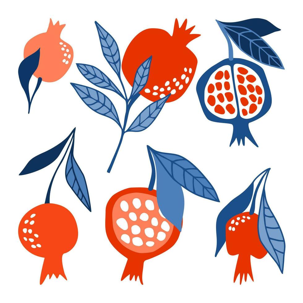 Fruit vector set with juicy and bright pomegranates.
