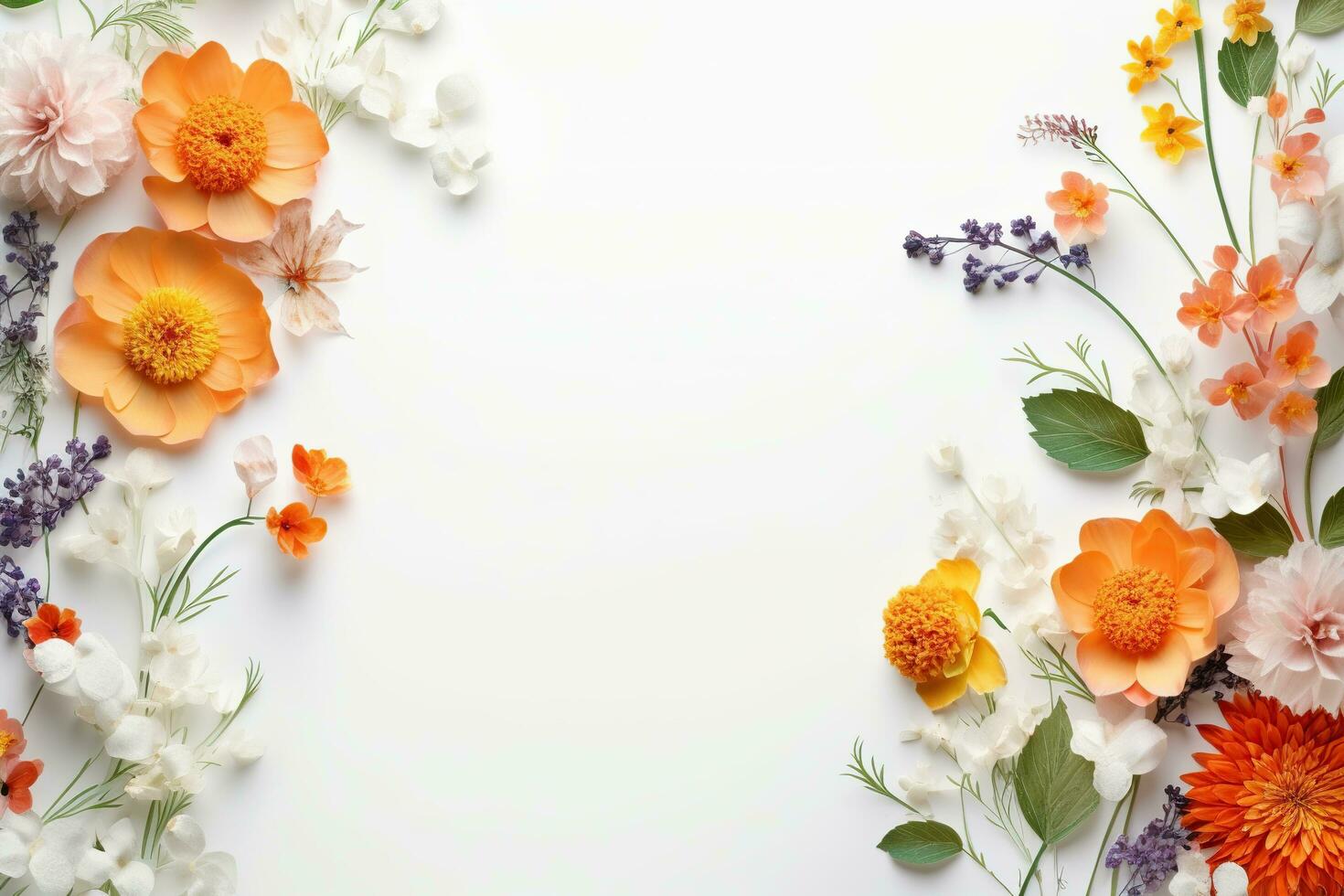 encantador flores y hojas en blanco antecedentes ai generado foto