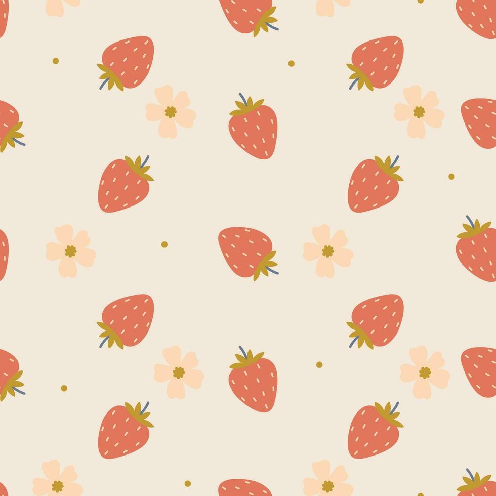 Simple seamless pattern with strawberries and flowers. Vector graphics.