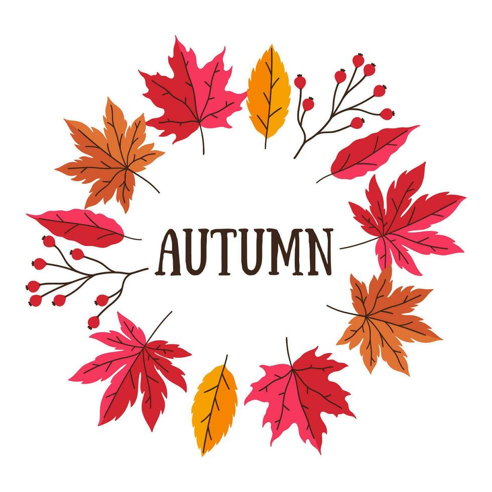 Autumn frame template made of leaves and berries isolate on a white background. Vector graphics.