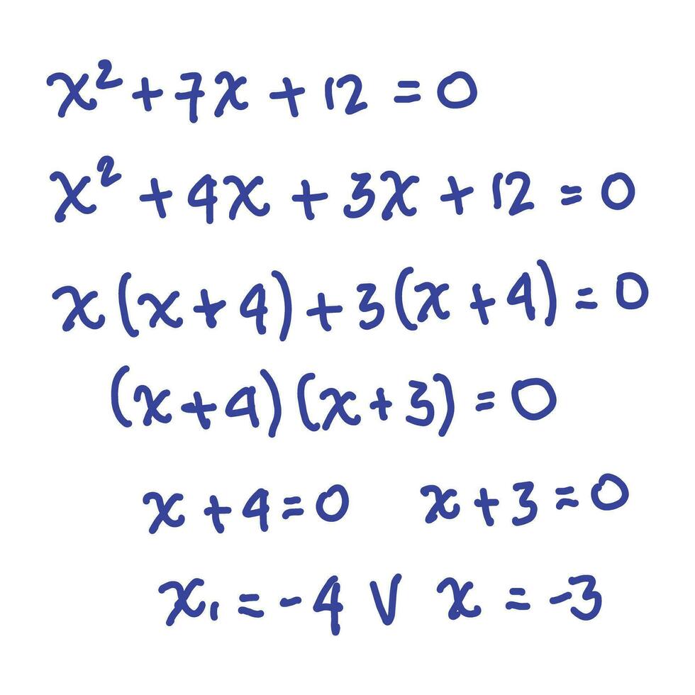 Solving quadratic equations by factoring. Algebra, calculus senior high. Mathematical formulas. Vector illustration. Isolated on white background.