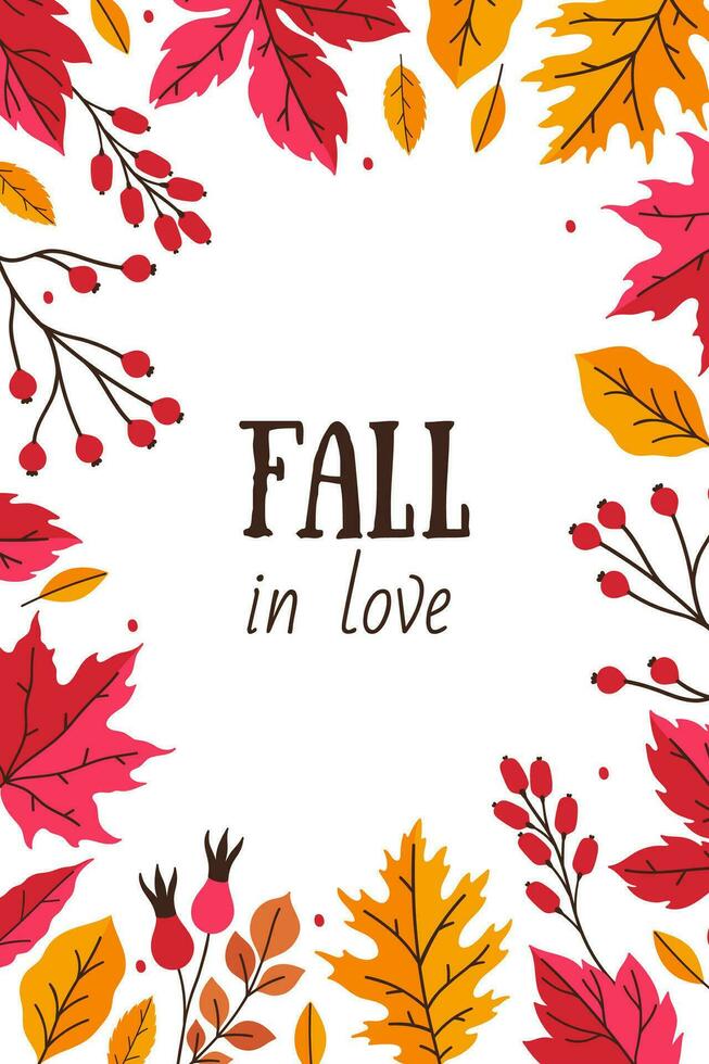 Autumn card or poster with leaves and berries. Vector graphics.