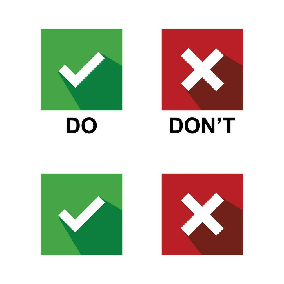 Set of Do and Don't, yes or no vector illustration button choice. Suitable for elements of advice info graphic information or tips. Check mark and cross mark icon.