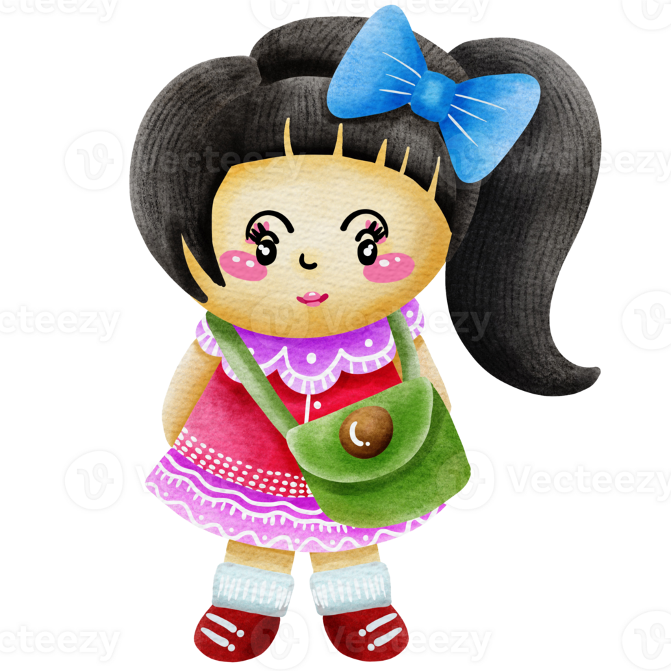 Watercolor and painting for smiling cute doll girl with colorful dress. Digital painting cartoon illustration holiday concept. png
