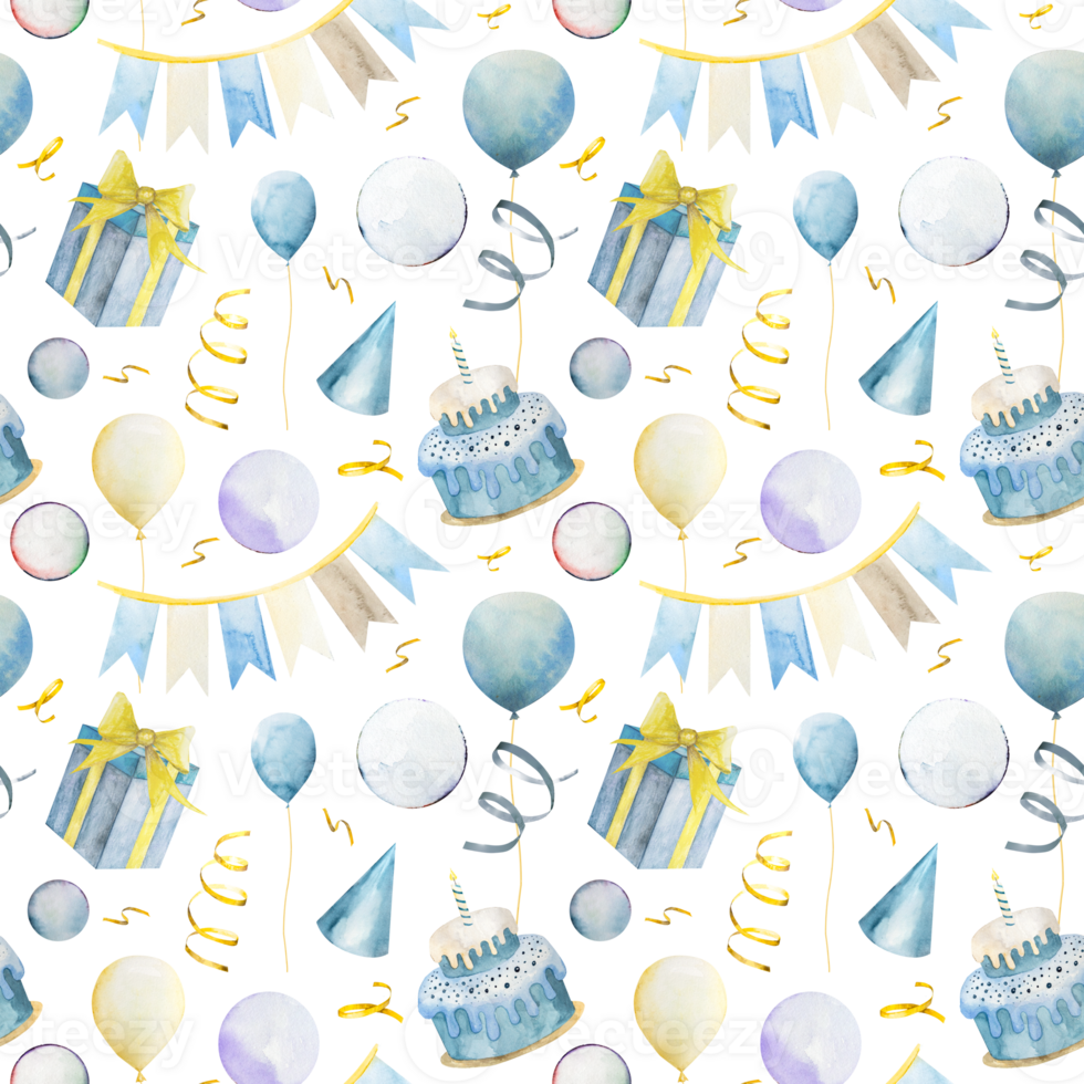 Hand drawn watercolor illustration of a seamless pattern of a cartoon bear in a plane with balloons png
