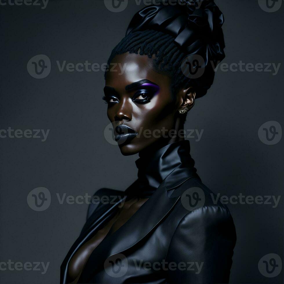 Illustration of a girl in a fashionable suit. Beautiful modern image of a woman. Character design for game and design projects. Generative AI. photo