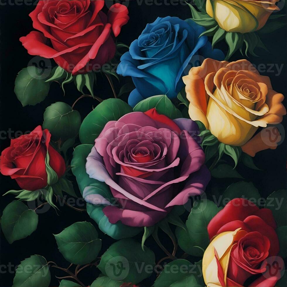 Multicolored roses. Watercolor digital 2D painting. Painted flowers. Floral pattern. Background for design projects. Ornament for fabric and packaging design. Generative AI. photo