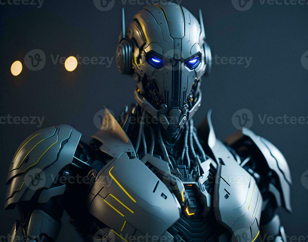 Cyborg robot illustration made of metal and plastic. Artificial intelligence in the form of a robot. Image generated by artificial intelligence. Generative AI. photo