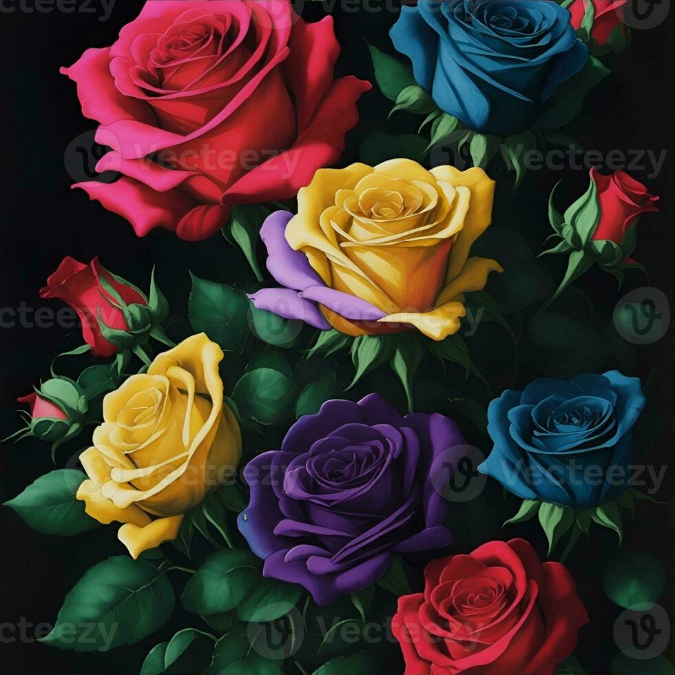 Multicolored roses. Watercolor digital 2D painting. Painted flowers. Floral pattern. Background for design projects. Ornament for fabric and packaging design. Generative AI. photo