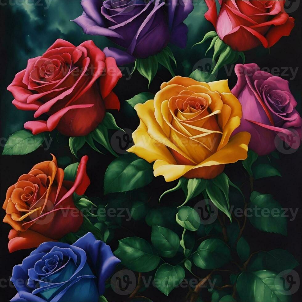 Multicolored roses. Watercolor digital 2D painting. Painted flowers. Floral pattern. Background for design projects. Ornament for fabric and packaging design. Generative AI. photo