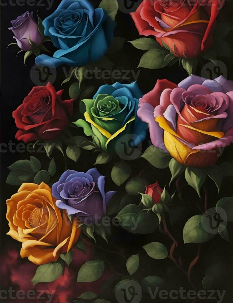 Multicolored roses. Watercolor digital 2D painting. Painted flowers. Floral pattern. Background for design projects. Ornament for fabric and packaging design. Generative AI. photo