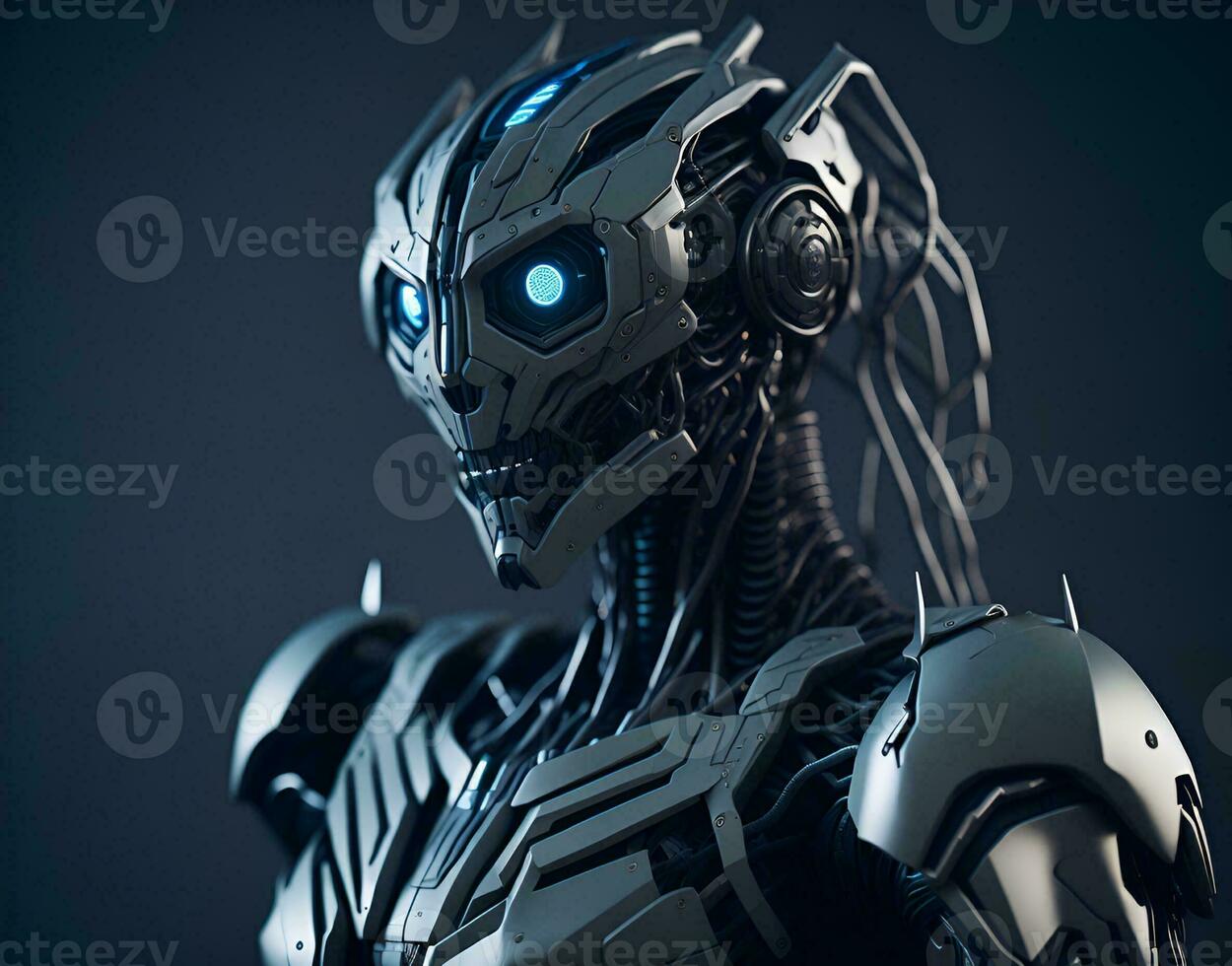 Cyborg robot illustration made of metal and plastic. Artificial intelligence in the form of a robot. Image generated by artificial intelligence. Generative AI. photo