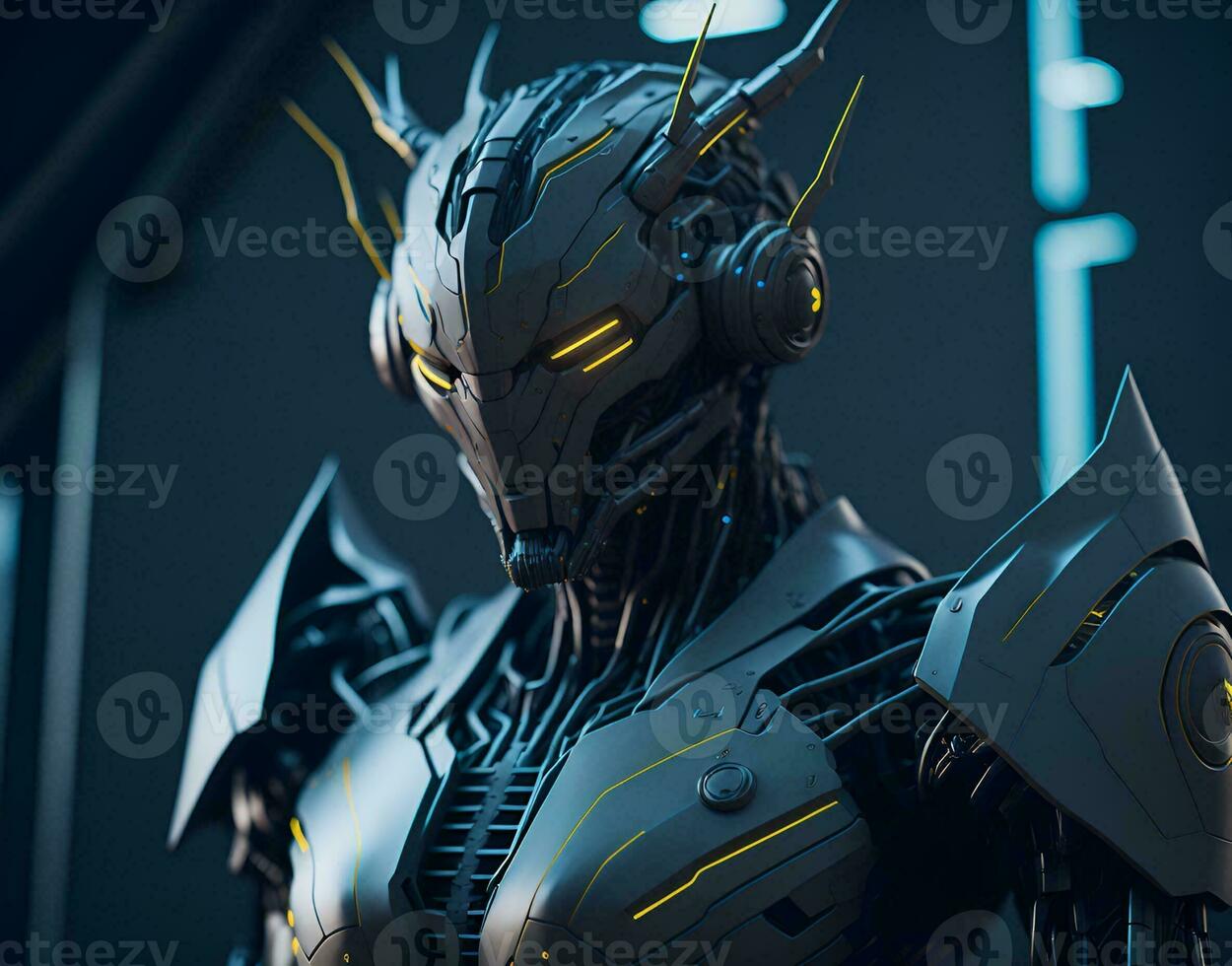 Cyborg robot illustration made of metal and plastic. Artificial intelligence in the form of a robot. Image generated by artificial intelligence. Generative AI. photo