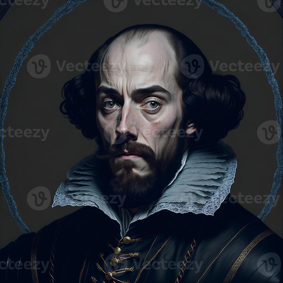 Portrait of a middle-aged man who looks like the English poet and playwright William Shakespeare. The illustration was created using artificial intelligence, a neural network. . photo