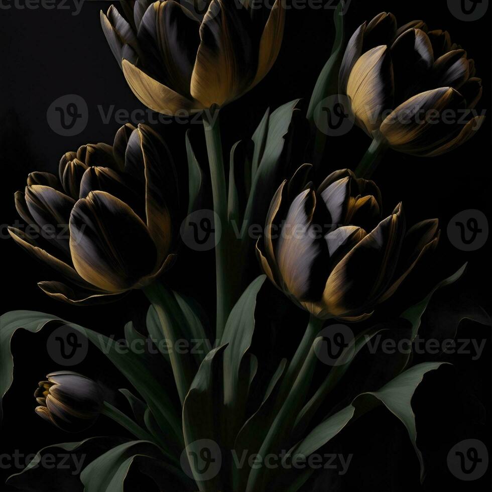 Red tulips. Decorative digital 2D painting. Color illustration for background. Picturesque portrait for the interior. Wall mural, poster or picture for home. Generative AI. photo