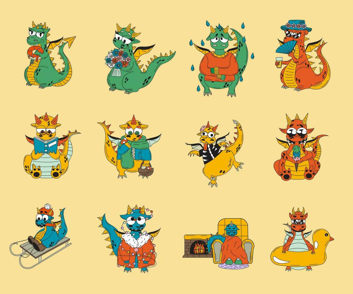 Set of Funny fantasy characters dragon. Isolated on background. Vector cartoon colorful icons.