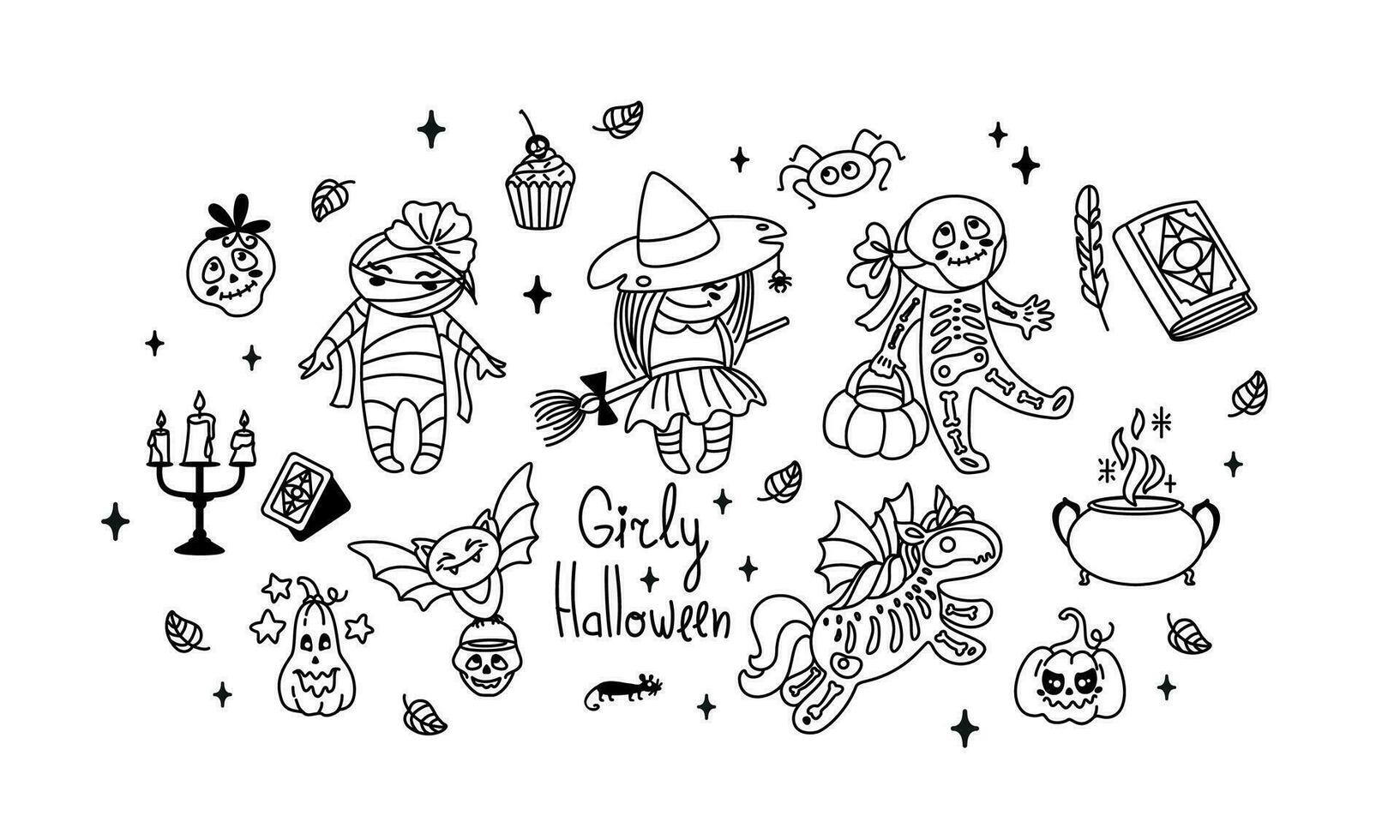 Girly Halloween. Little girl in a Halloween costume. Halloween characters. Set of outline illustrations. Vector. vector