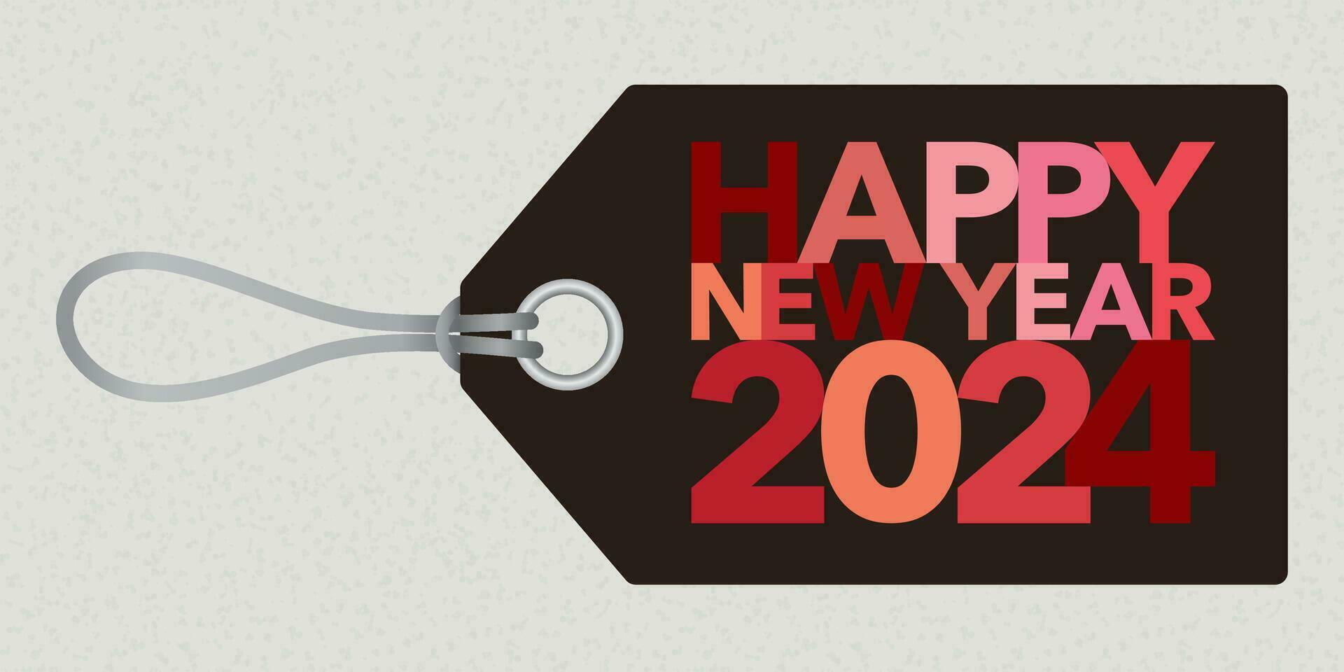 Colorful Happy New Year 2024 calligraphy on tag flat design vector illustration.