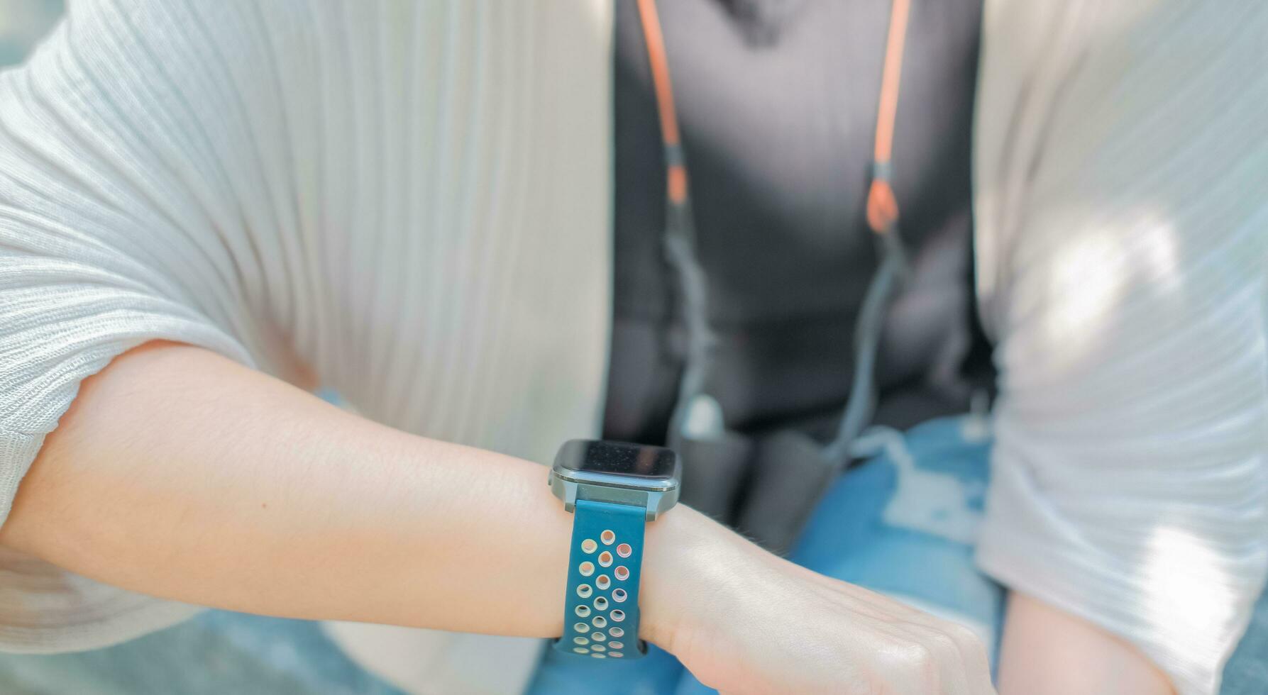 Woman raising her arms and looking at the clock Suitable for making infographics. photo