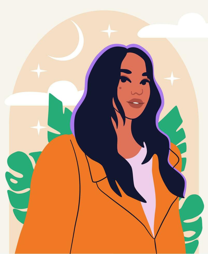 Beautiful groovy girl in yellow jacket. A funky portrait of brunette woman. vector