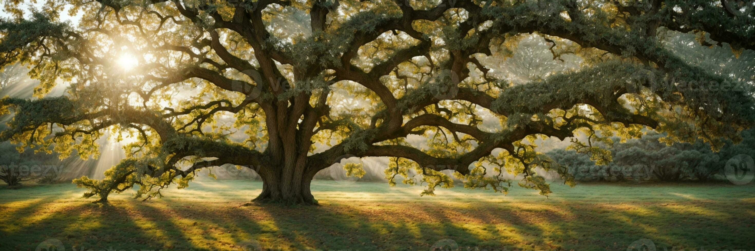 old oak tree foliage in morning light with sunlight. AI generated photo