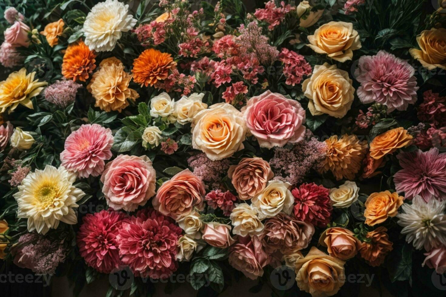 Artificial Flowers Wall for Background in vintage style. AI generated photo