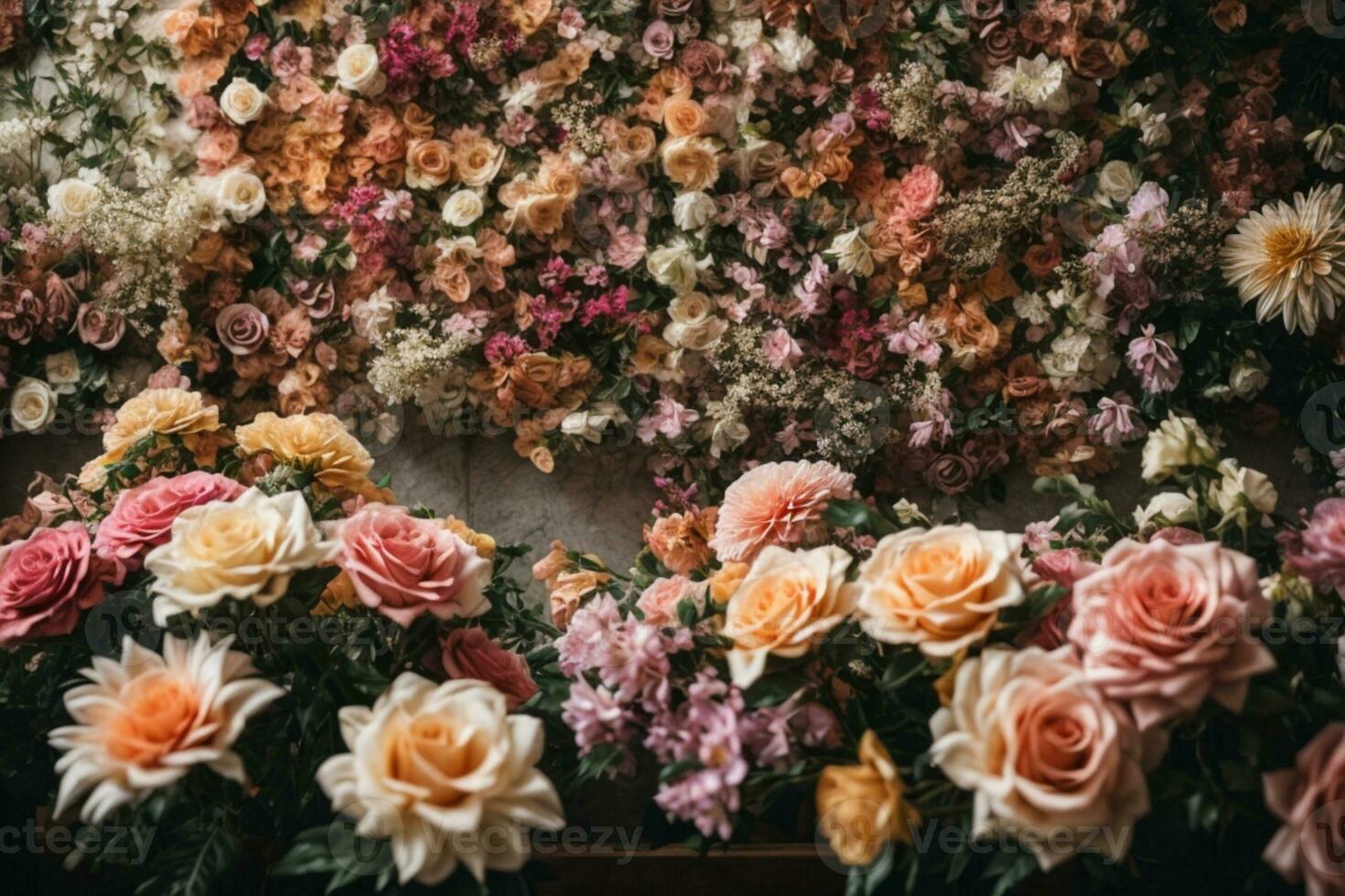 Artificial Flowers Wall for Background in vintage style. AI generated photo