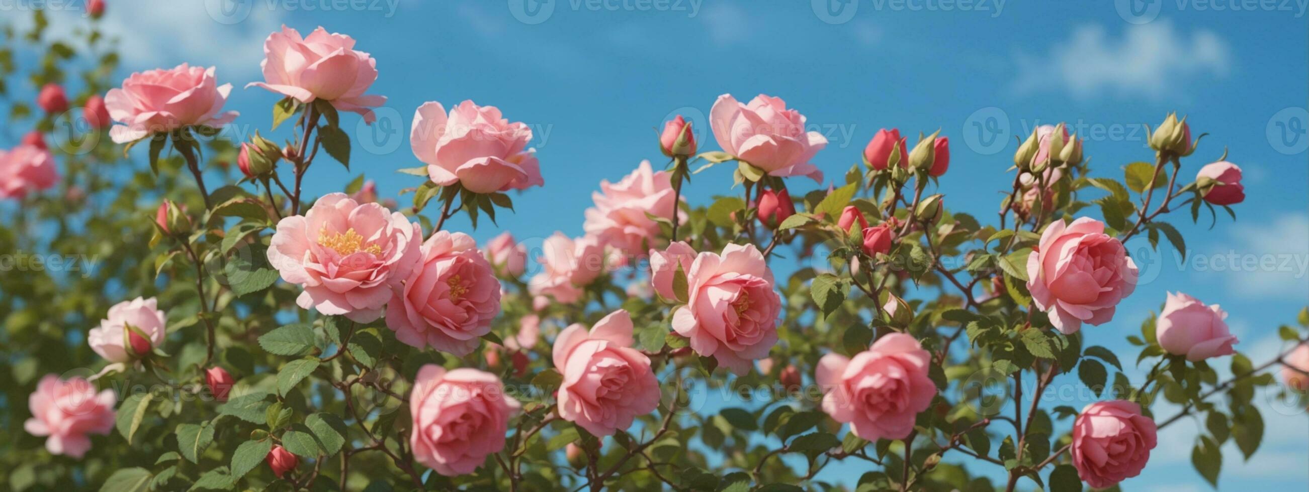 Beautiful spring border, blooming rose bush on a blue background. Flowering rose hips against the blue sky. Soft selective focus. AI generated photo