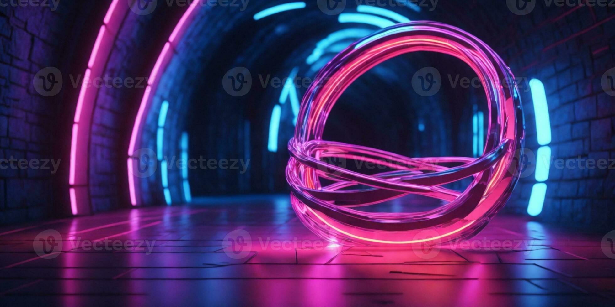 3d render. Geometric figure in neon light against a dark tunnel. Laser glow.. AI generated photo