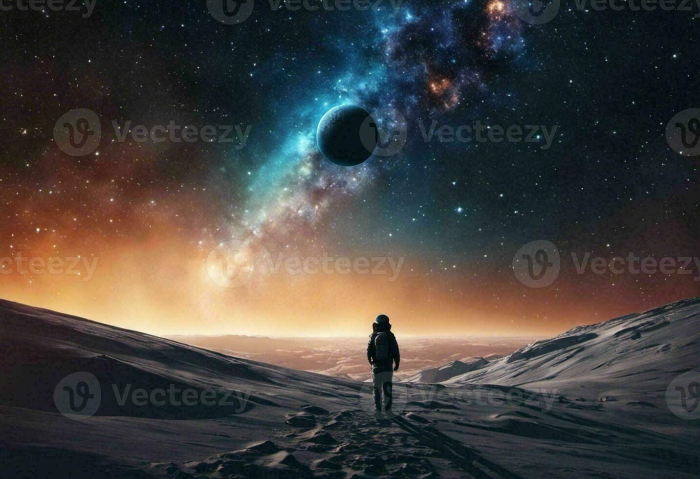 Astronaut on an icy rocky surface with the sky filled with stars and galaxies, AI-generated photo
