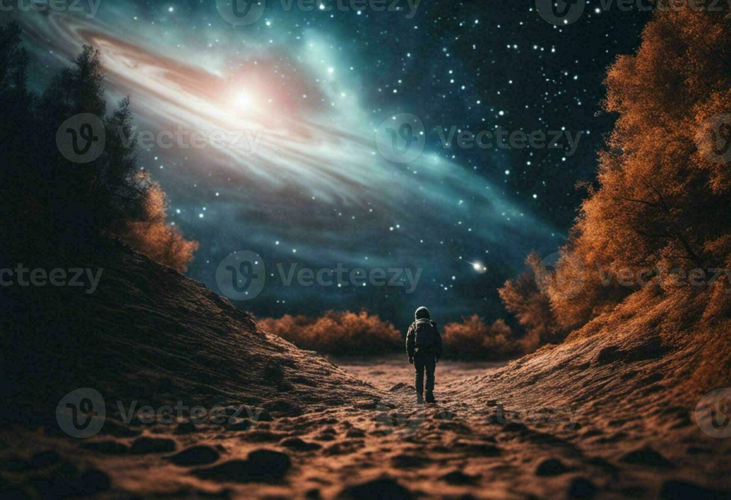 Astronaut on an icy rocky surface with the sky filled with stars and galaxies, AI-generated photo