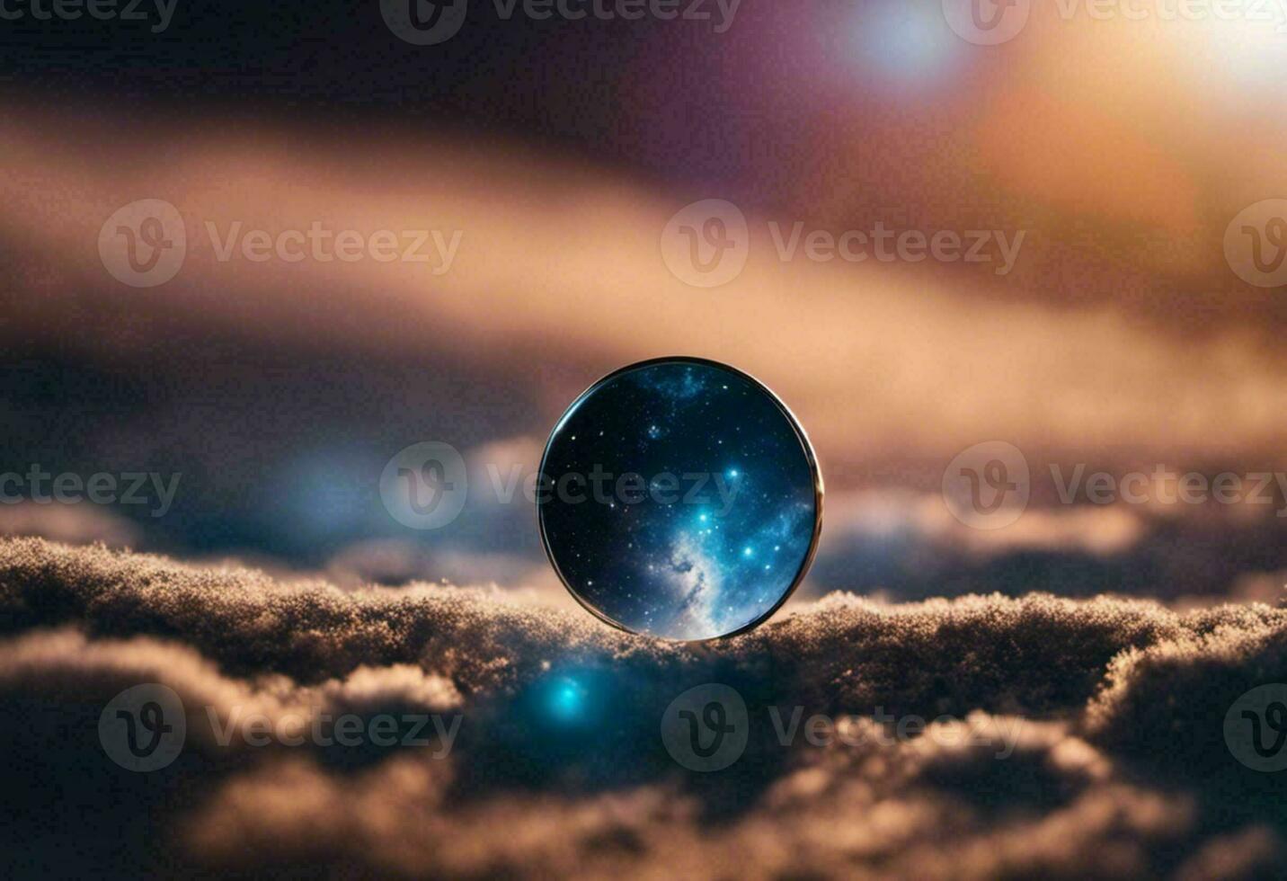 Round sphere perched atop a snow-covered landscape in the dark of night, AI-generated. photo