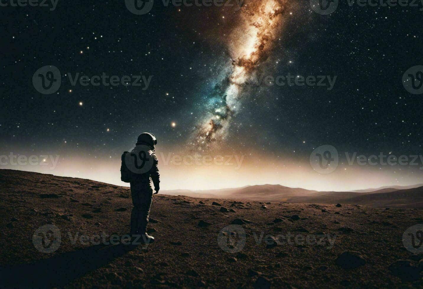 Astronaut on an icy rocky surface with the sky filled with stars and galaxies, AI-generated photo