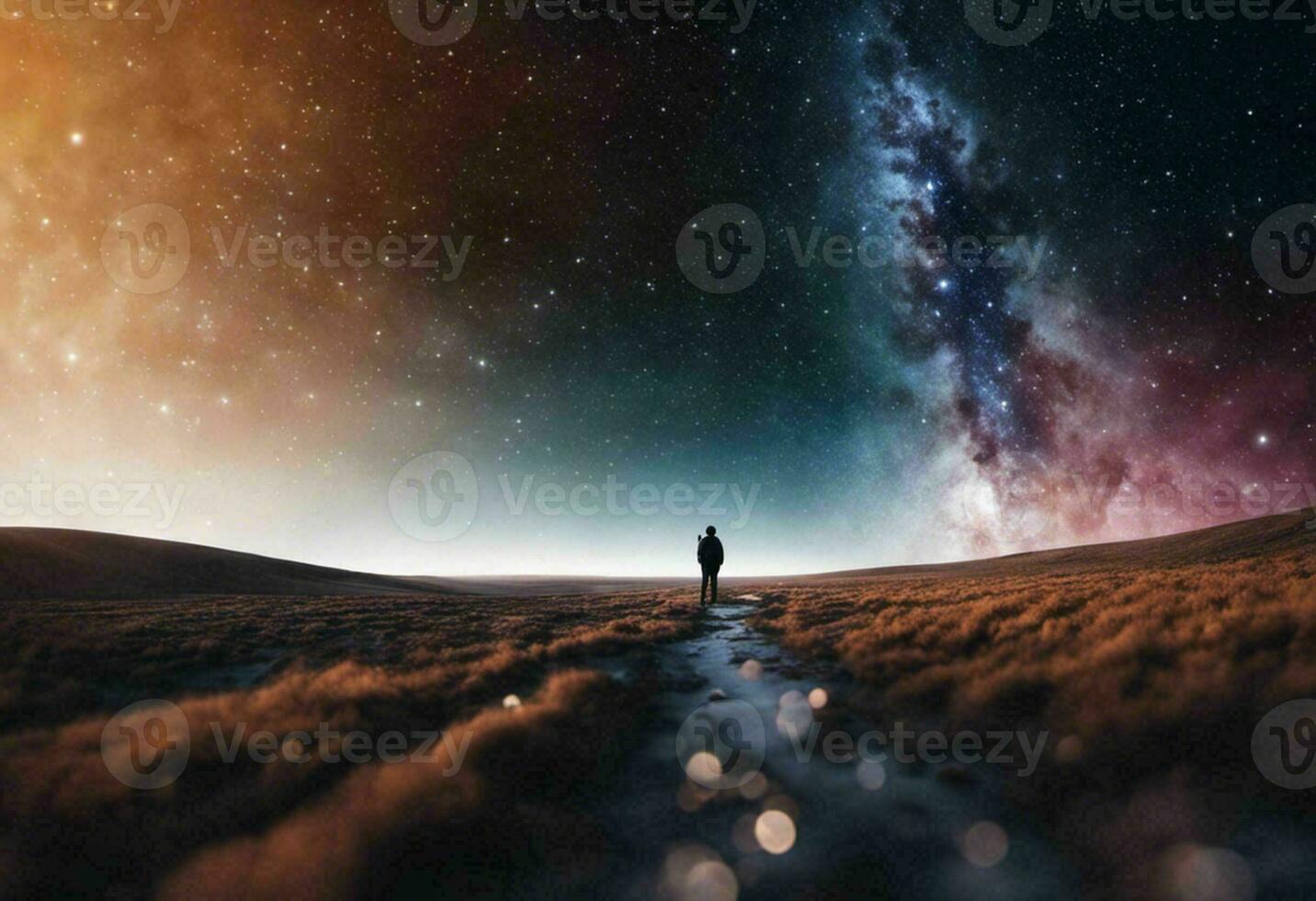 Astronaut on an icy rocky surface with the sky filled with stars and galaxies, AI-generated photo