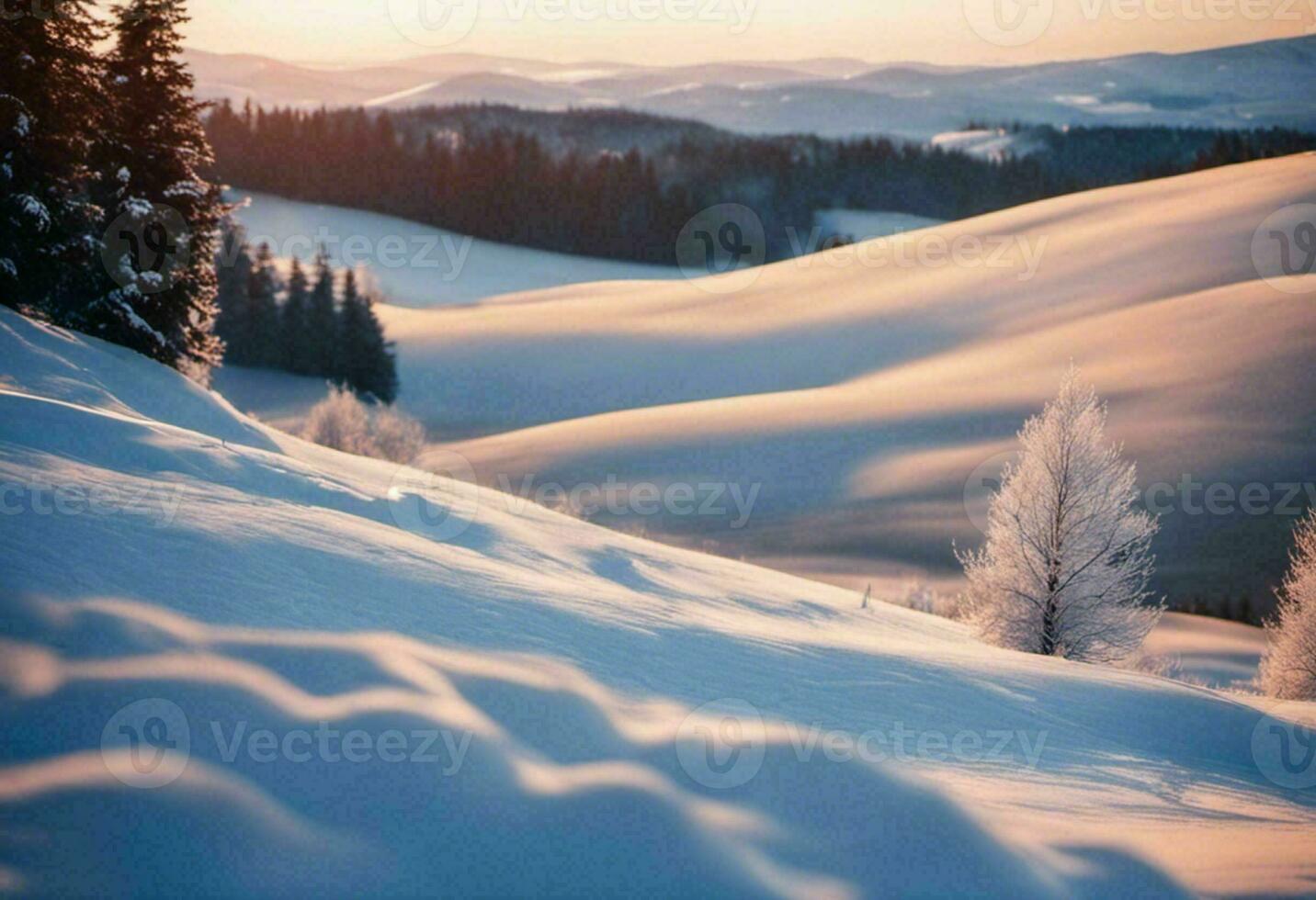 Picturesque view of a snow-covered mountain range illuminated by a vibrant sunset, AI-generated. photo