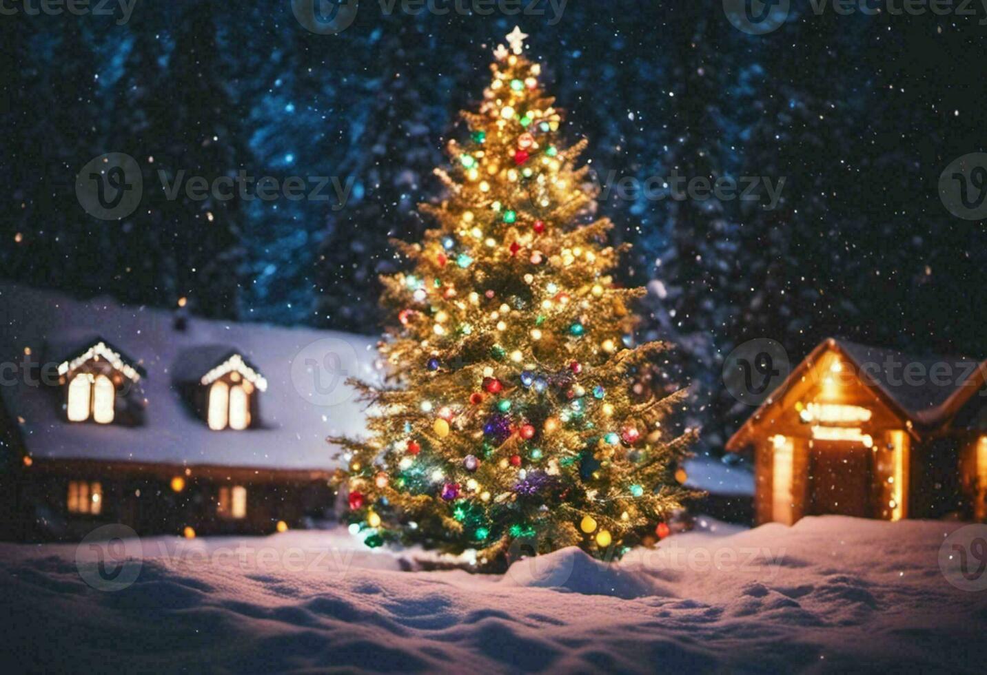 Decorated Christmas tree stands against a snowy backdrop, AI-generated. photo