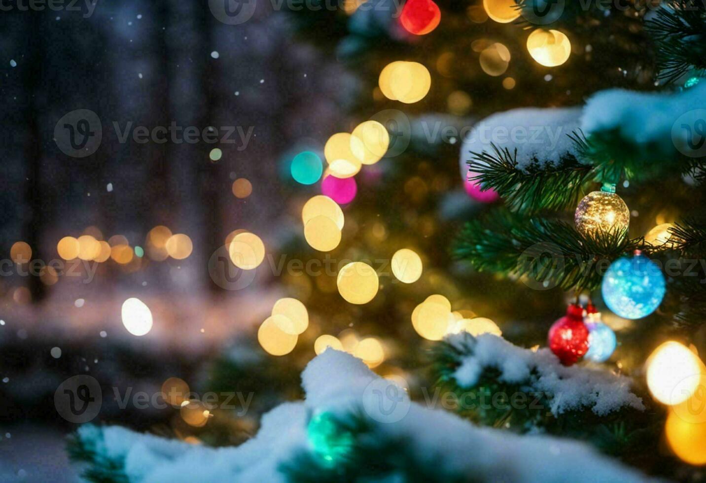 Decorated Christmas tree stands against a snowy backdrop, AI-generated. photo