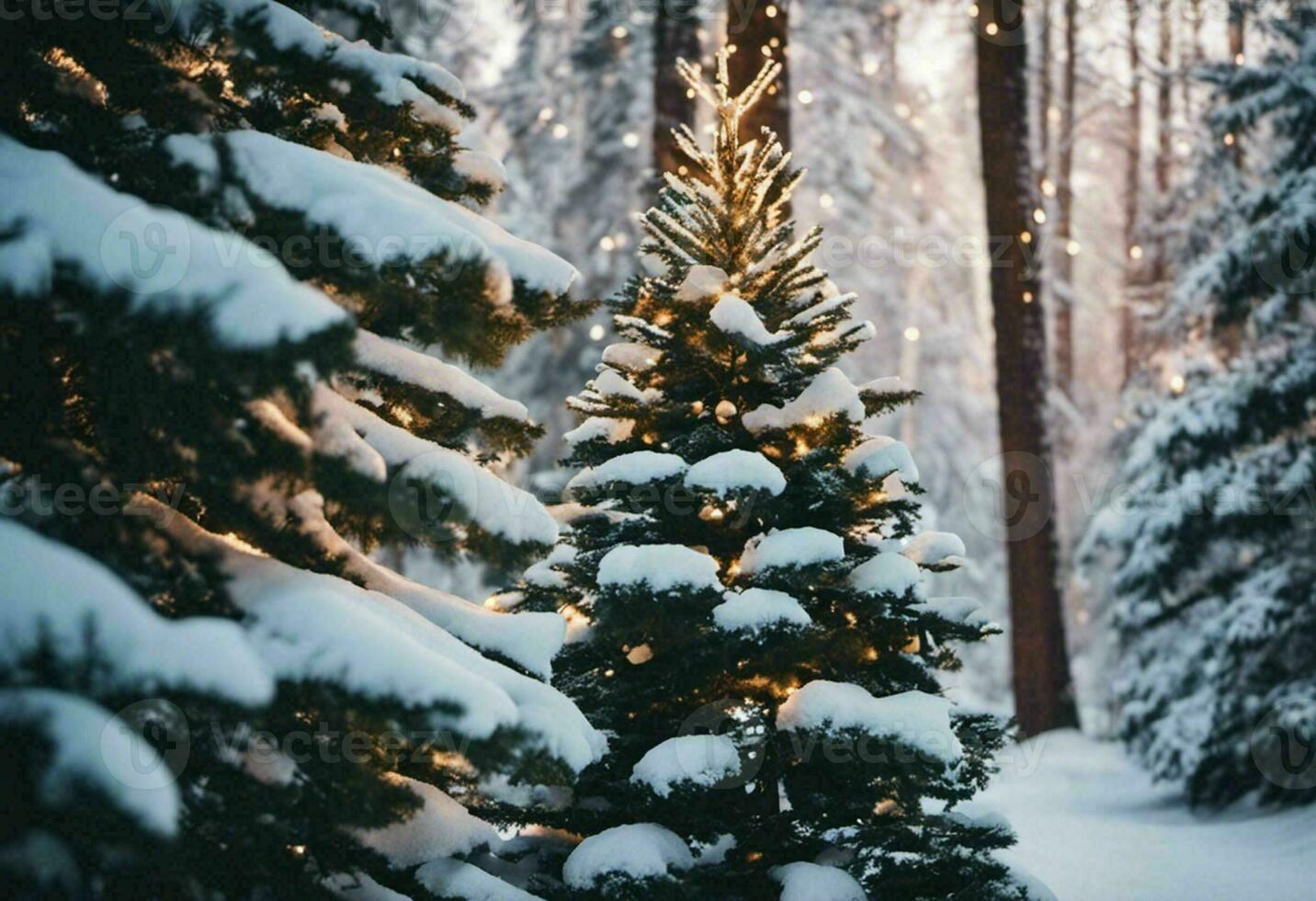 Decorated Christmas tree stands against a snowy backdrop, AI-generated. photo