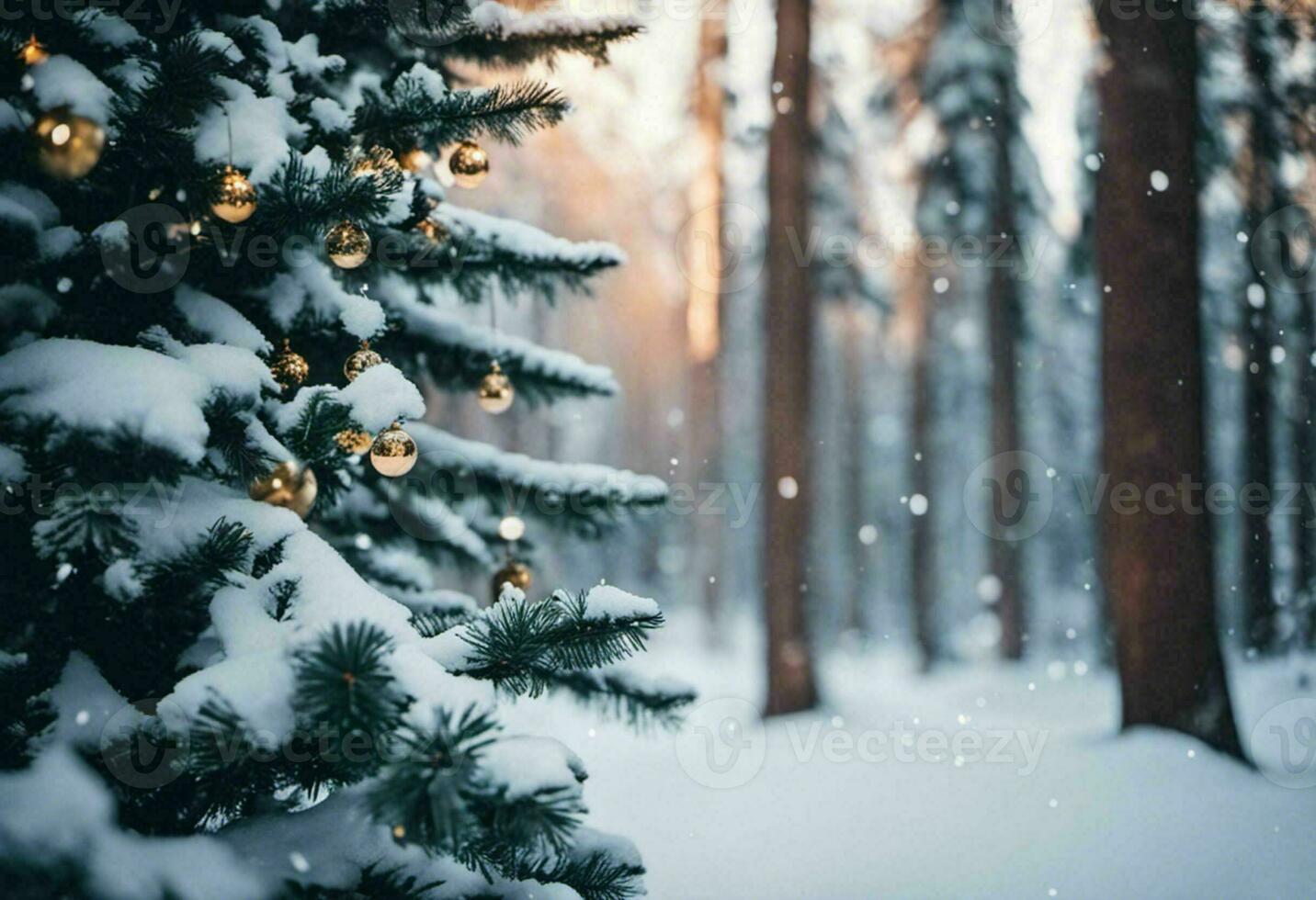 Decorated Christmas tree stands against a snowy backdrop, AI-generated. photo
