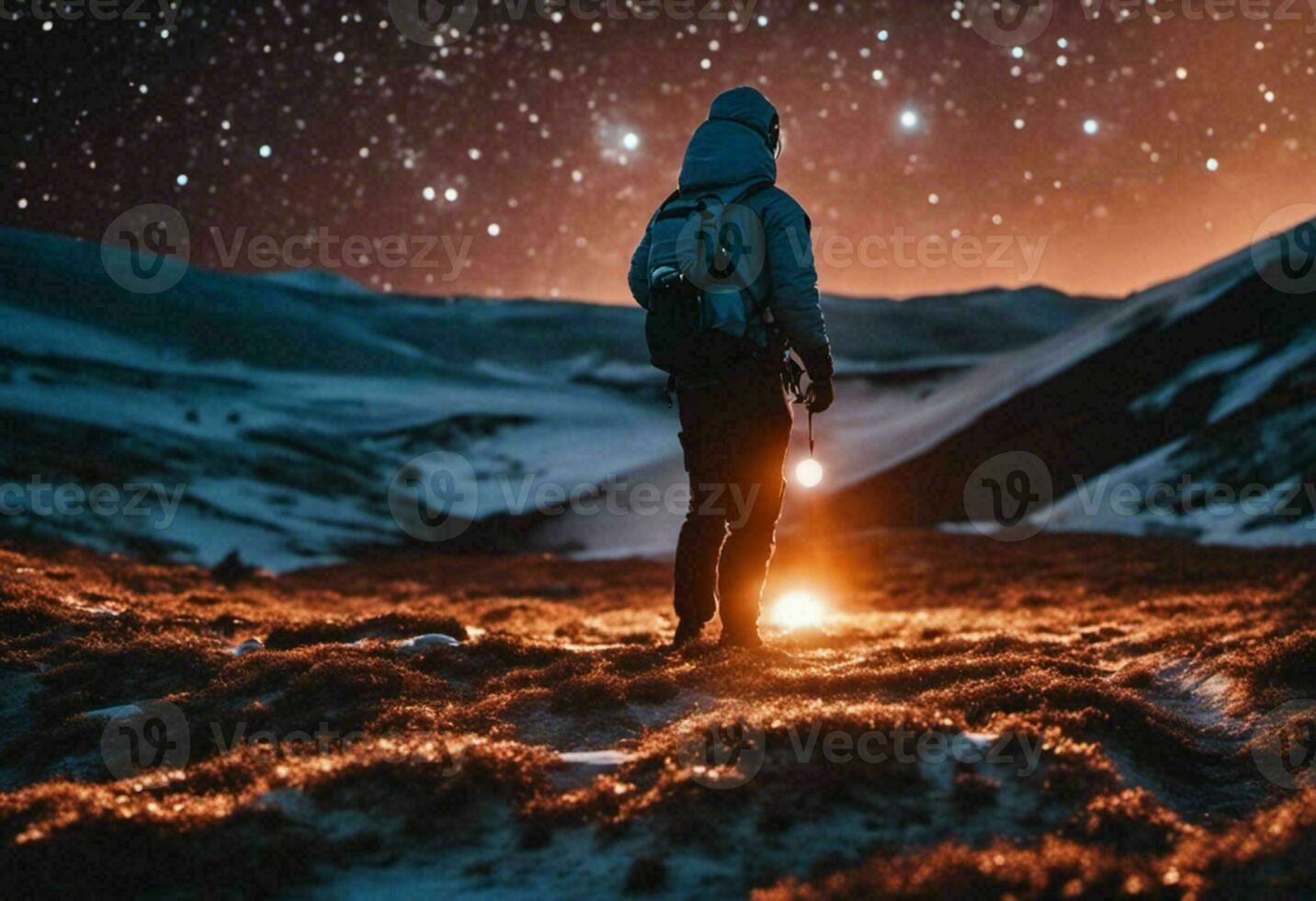 Astronaut on an icy rocky surface with the sky filled with stars and galaxies, AI-generated photo