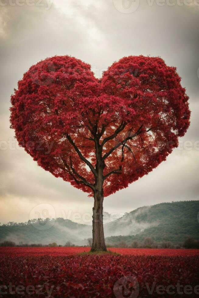 Red heart shaped tree. AI generated photo