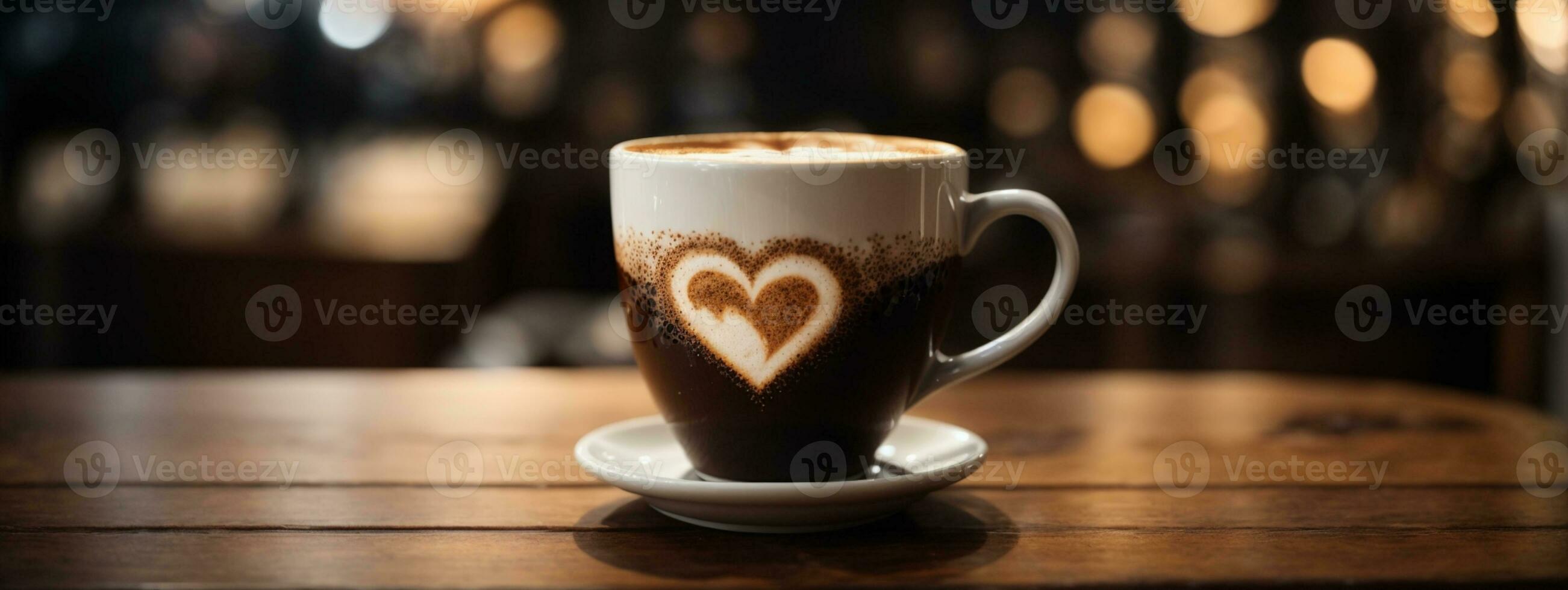 Close up white coffee cup with heart shape latte art on wood tab. AI generated photo
