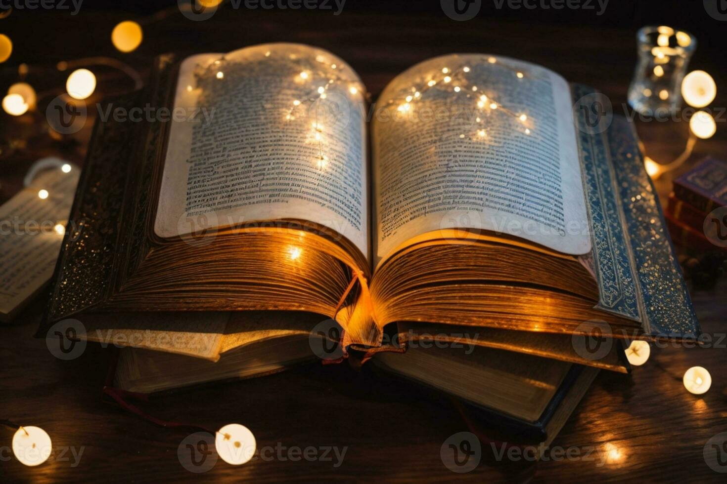 image of open antique book on wooden table with glitter overlay.. AI generated photo